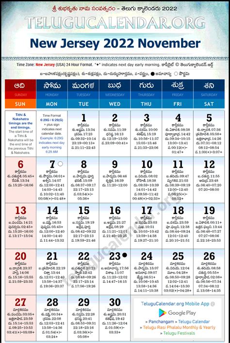 New Jersey Telugu Calendar 2022 November